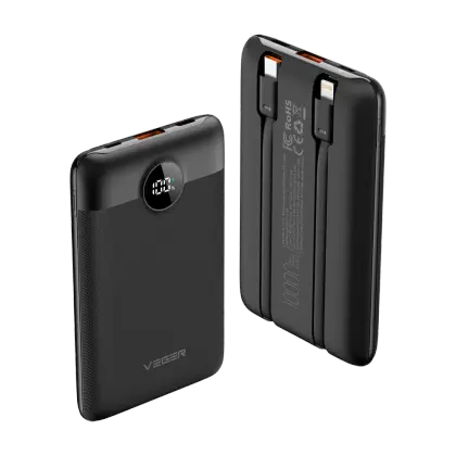 VEGER VG-W1170 – Powerbank 10000mAh met LCD, Ingebouwde Kabels (USB-C & Lightning), Snelladen, 3 Devices