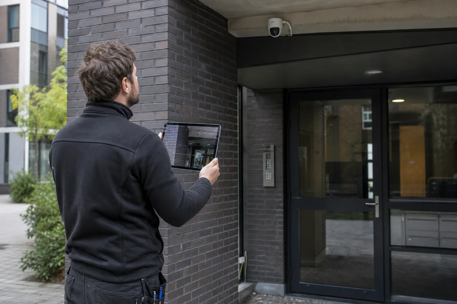 Monteur controleert met een tablet de kijkhoek bij een entree