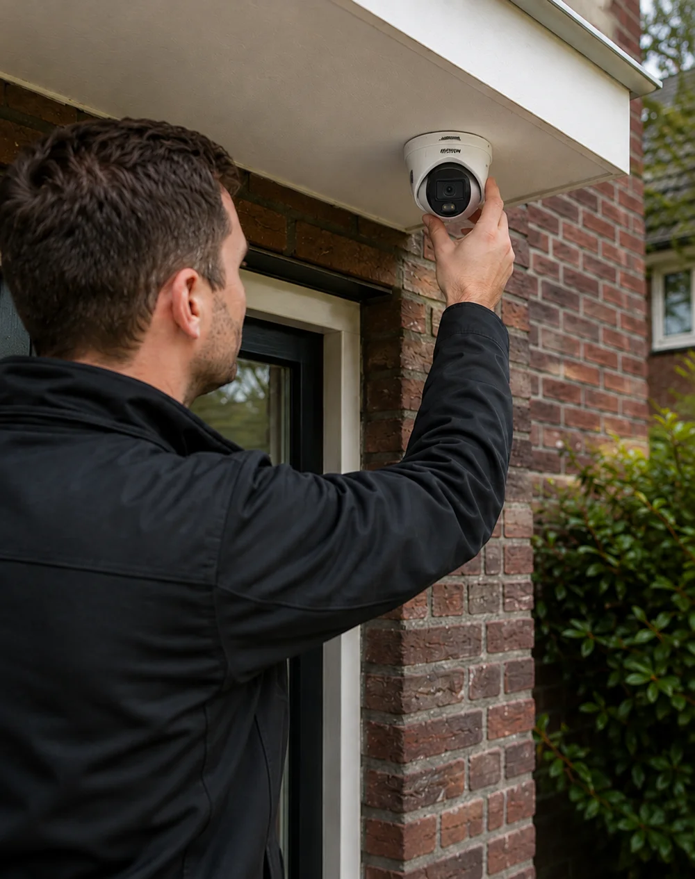Sfeerbeeld: monteur stelt een camera onder de overstek af, met weggewerkte bekabeling