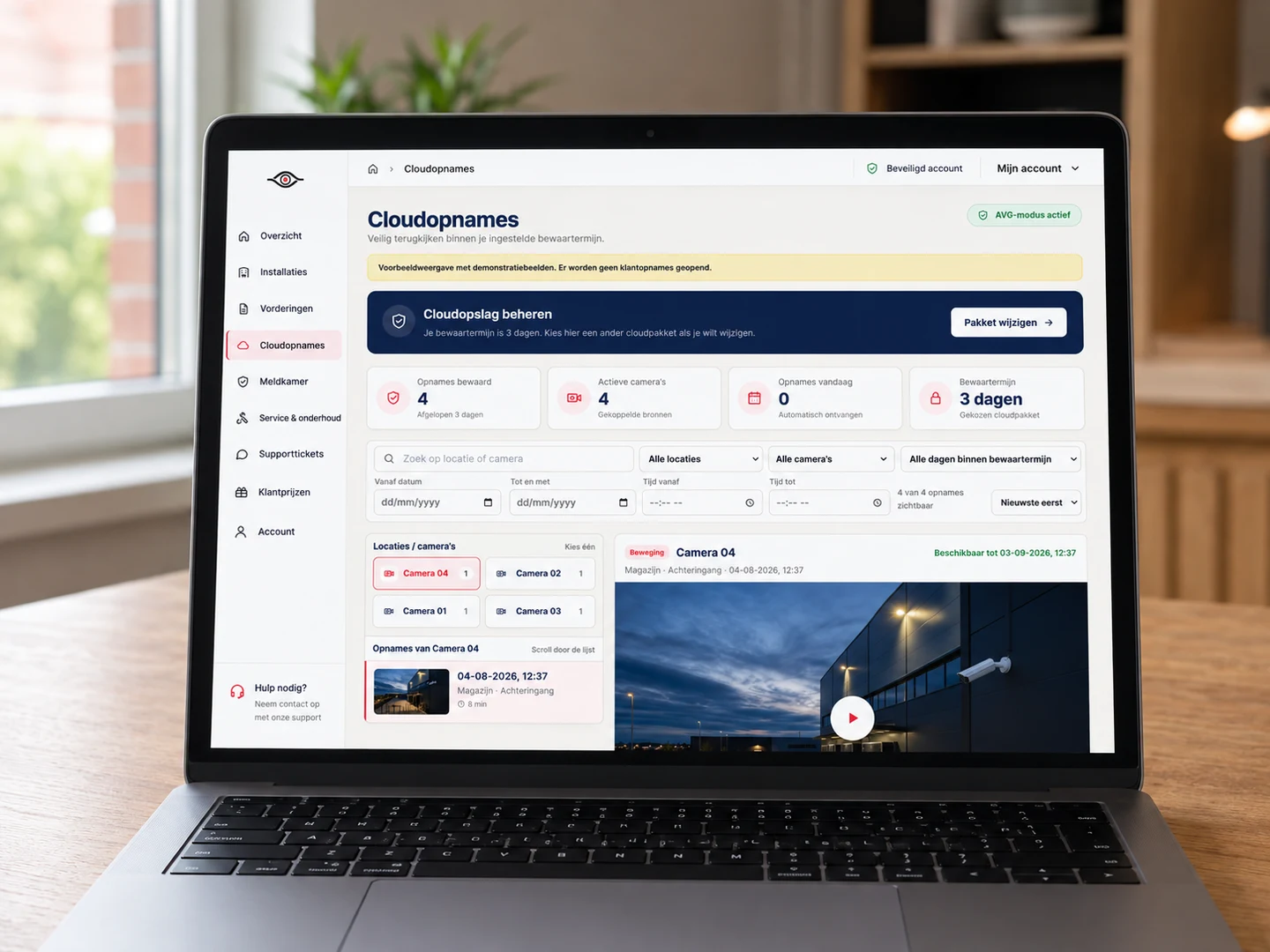 Laptop met een demonstratie van ons klantdashboard voor cloudopnames