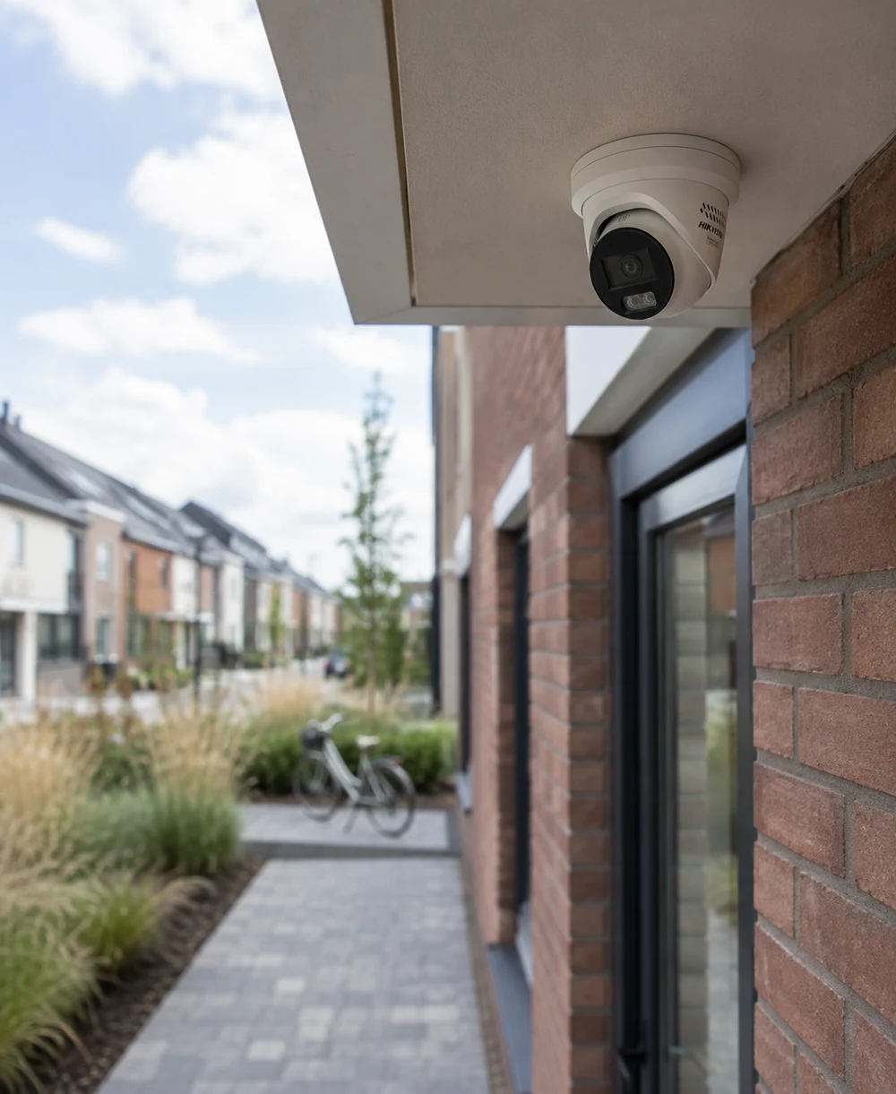 Hikvision-camera netjes gemonteerd onder de luifel van een moderne Nederlandse woning