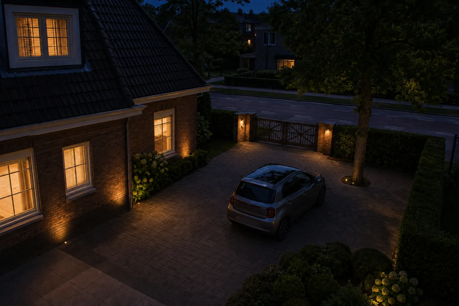 Illustratief avondbeeld van een oprit