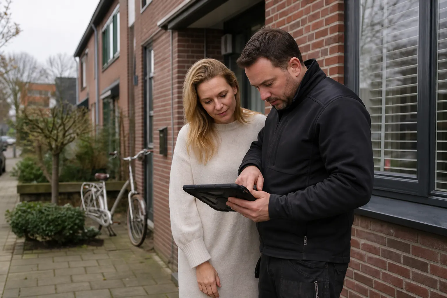 Installatiespecialist bespreekt het camerabeveiligingsplan bij een Nederlandse woning
