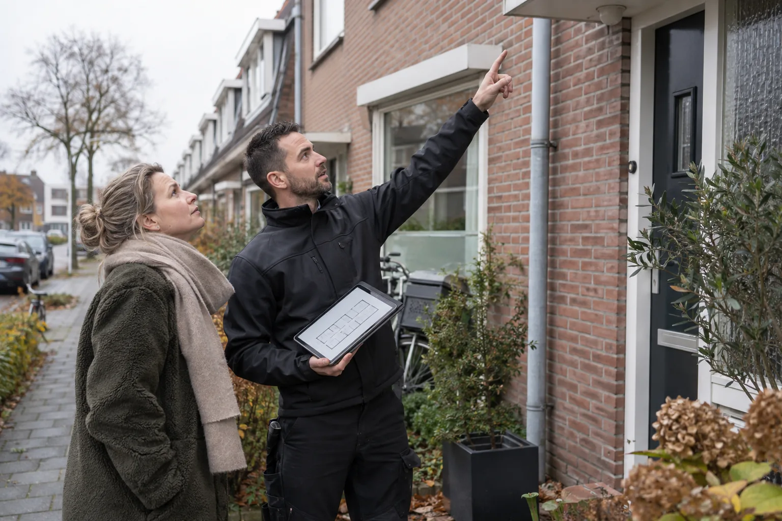 Installatiespecialist bespreekt het camerabeveiligingsplan bij een Nederlandse woning