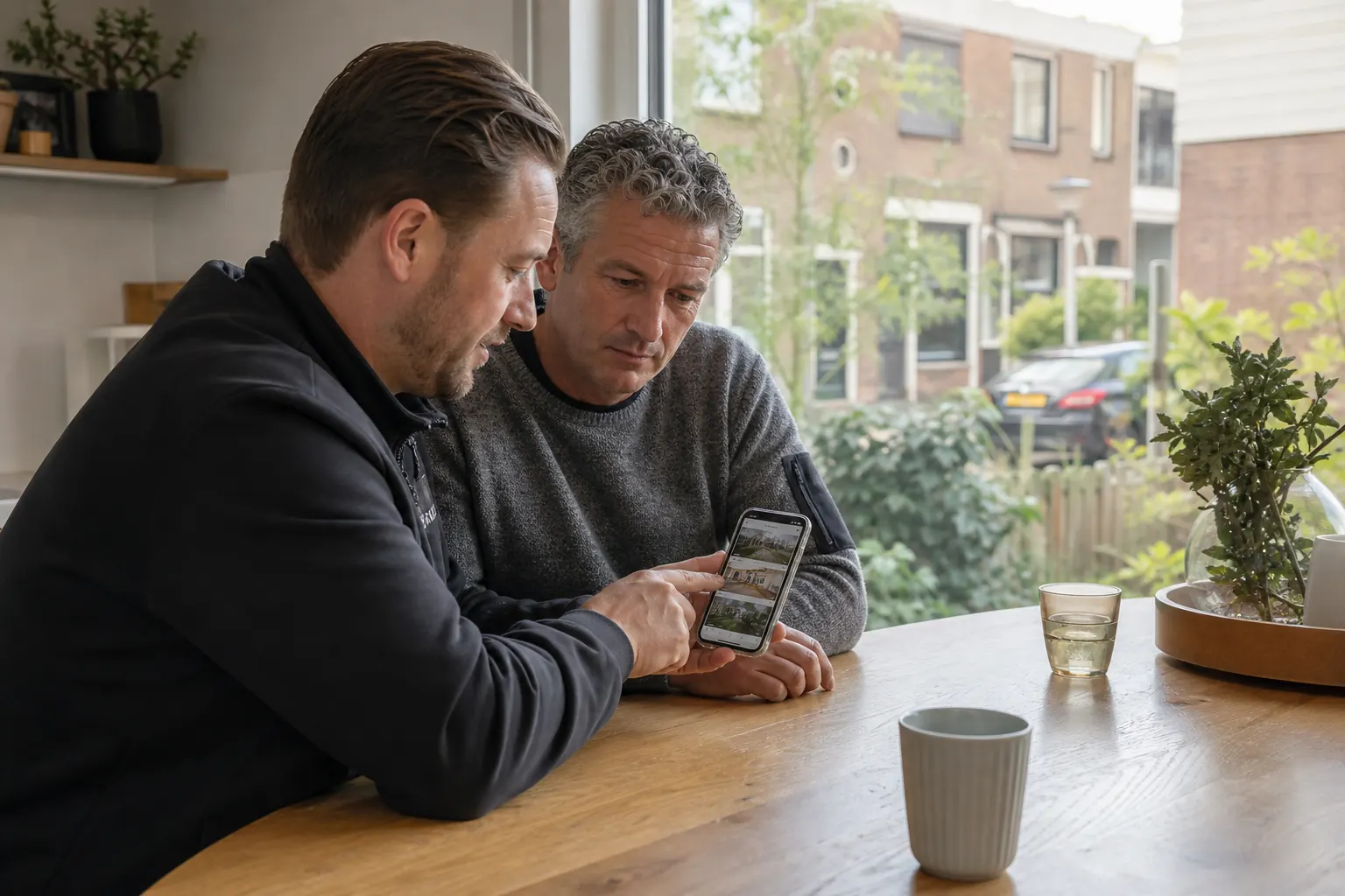 Monteur geeft thuis uitleg over live camerabeeld op een telefoon